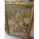 Large 19th Century needlepoint picture, interior scene with figures in a period swept gilt frame,