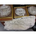 Three framed crochet and lace example panels,