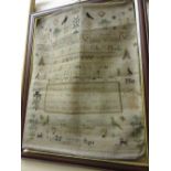 19th Century pictorial and alphabet sampler by Phoebe Ellen Jenkins, Maidford School, dated 1871,