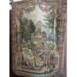 Machine woven tapestry decorated with figures and an Indian needlework wall hanging