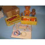 Jetex jet propelled model racing car with original box together with a small Steiff hedgehog figure,