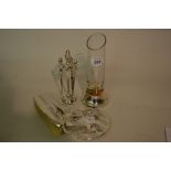 Modern silver mounted glass specimen vase, silver mounted part manicure set,