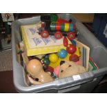 Box containing a quantity of various childrens toys including: wooden pull-along trains etc