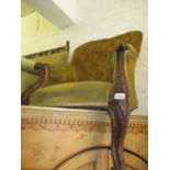 Victorian button upholstered and carved mahogany tub shaped chair on cabriole front supports (a/f)