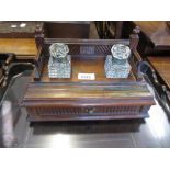 19th Century oak desk stand having cut glass inkwells and pen tray with single drawer