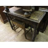 Victorian carved dark oak side table with bobbin turned front supports