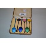 Set of six Scandinavian silver coloured enamel coffee spoons in fitted box
