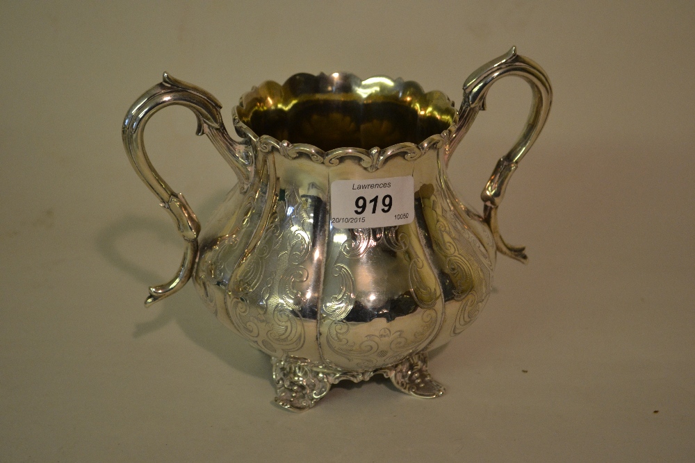 Victorian silver two handled sugar basin of baluster fluted form with engraved decoration and