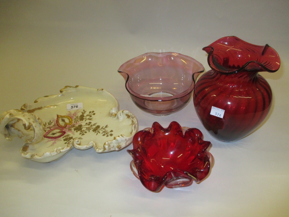 Limoges floral decorated dish together with three items of coloured glass