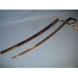 Small 19th Century steel bladed sabre with brass guard and leather and brass scabbard,