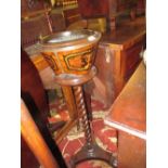 19th Century French walnut and marquetry inlaid jardiniere on a barley twist stand with tri-form