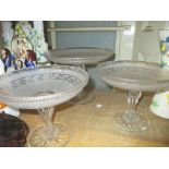 Set of three Edwardian acid etched and cut glass pedestal comports