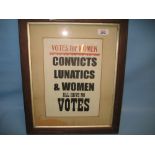 Small oak and gilt framed Votes for Women advertising bill,  ' Convicts,