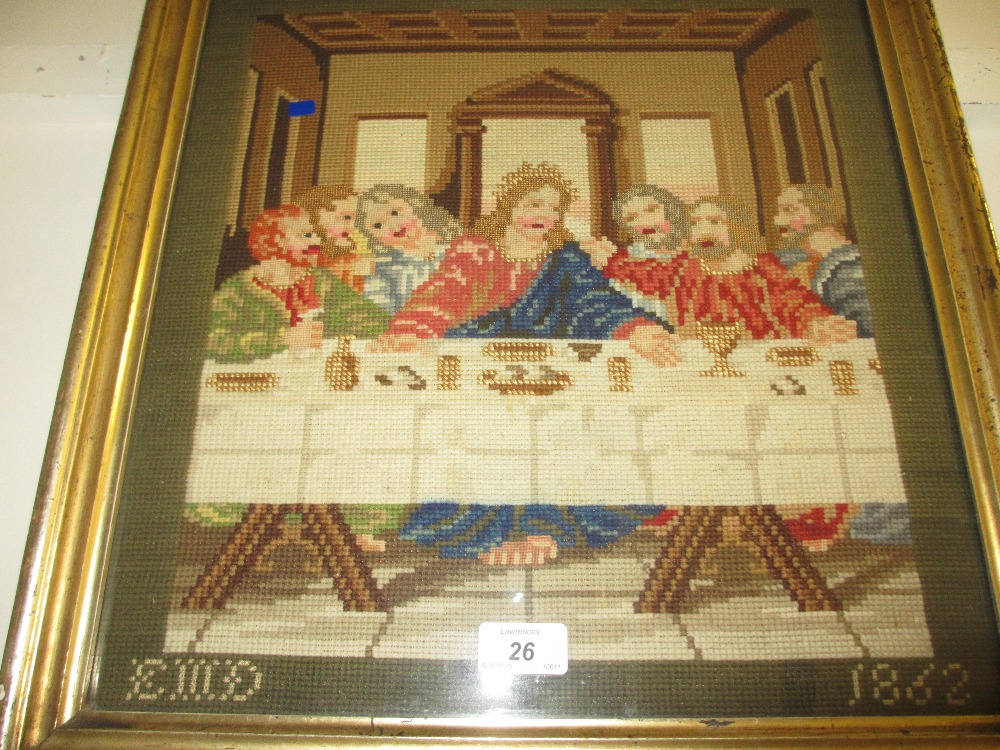 19th Century needlework picture ' The Last Supper ' signed with initials E.M.D.