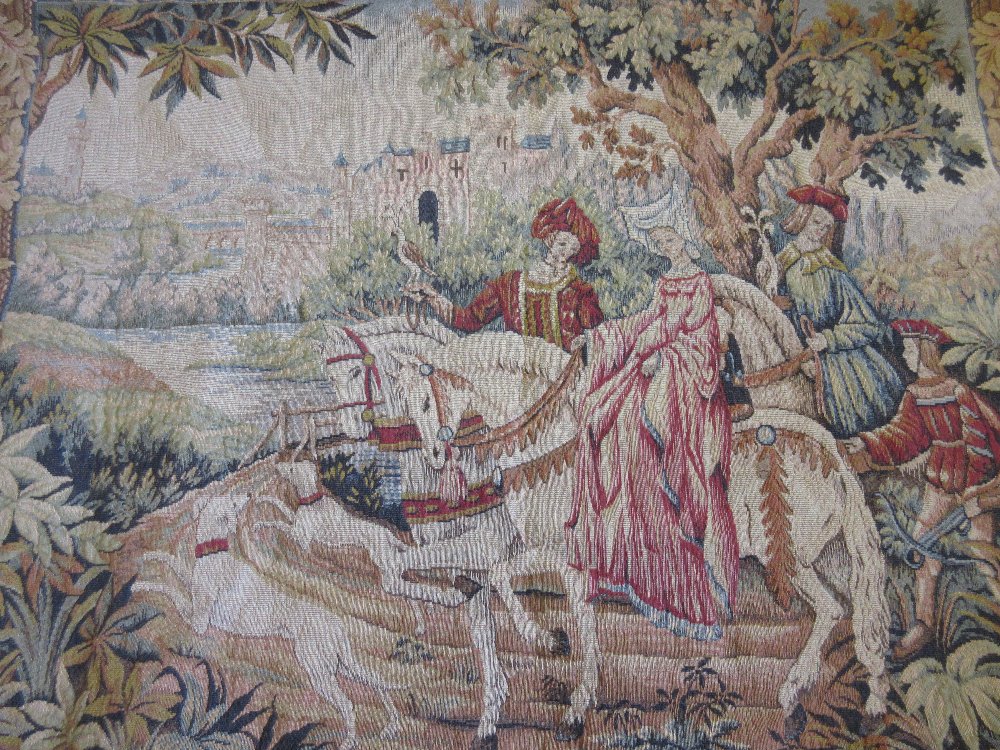 20th Century machine woven tapestry depicting figures in a medieval setting,