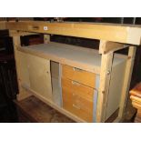 Large wooden work bench with two integral vices