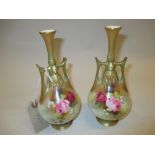 Pair of Royal Worcester two handled slender necked vases with hand painted rose decoration,