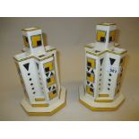 Pair of Keralouve Lalouviere Art Deco pottery spill vases of geometric design decorated in black