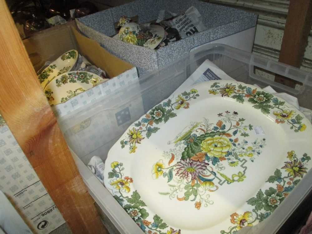 Extensive Masons Ironstone floral decorated dinner service comprising: ten dinner plates,