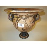 Greco Roman terracotta pedestal two handled vase with painted decoration of figures,