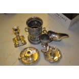 Two silver plated chambersticks and a small quantity of various plated items