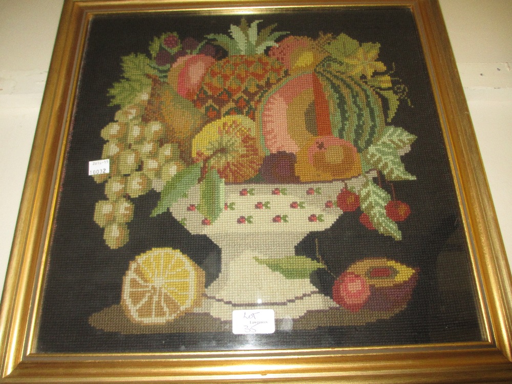 1920's Gilt framed silk work portrait of a lady together with a gilt framed woolwork still life - Image 2 of 2