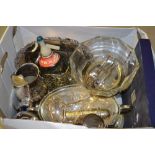 Box containing a quantity of miscellaneous silver plated items including a sugar sifter spoon