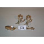 Pair of Norwegian silver horn shaped cruets together with a London silver spoon
