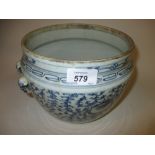 Chinese blue and white squat baluster jar with four small side handles (star crack to base)