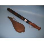 19th Century painted police truncheon together with a leather and brass mounted shot flask