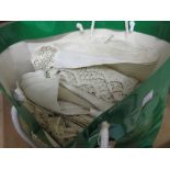 Bag containing a quantity of various 20th Century table linen and crochet work