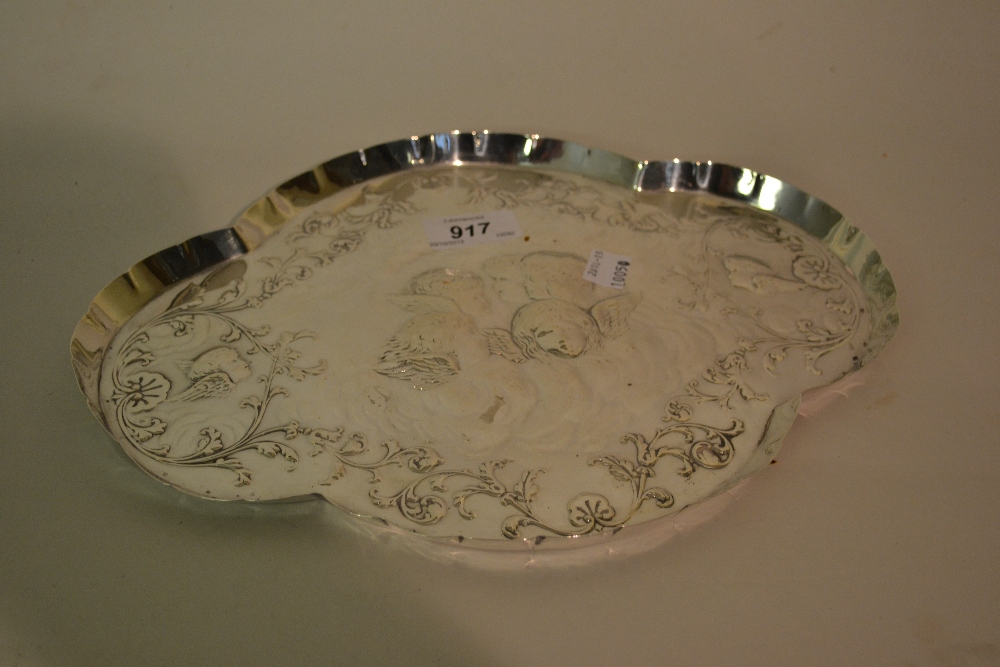 Late Victorian silver dressing table tray of lozenge form embossed with Whispers after Reynolds,