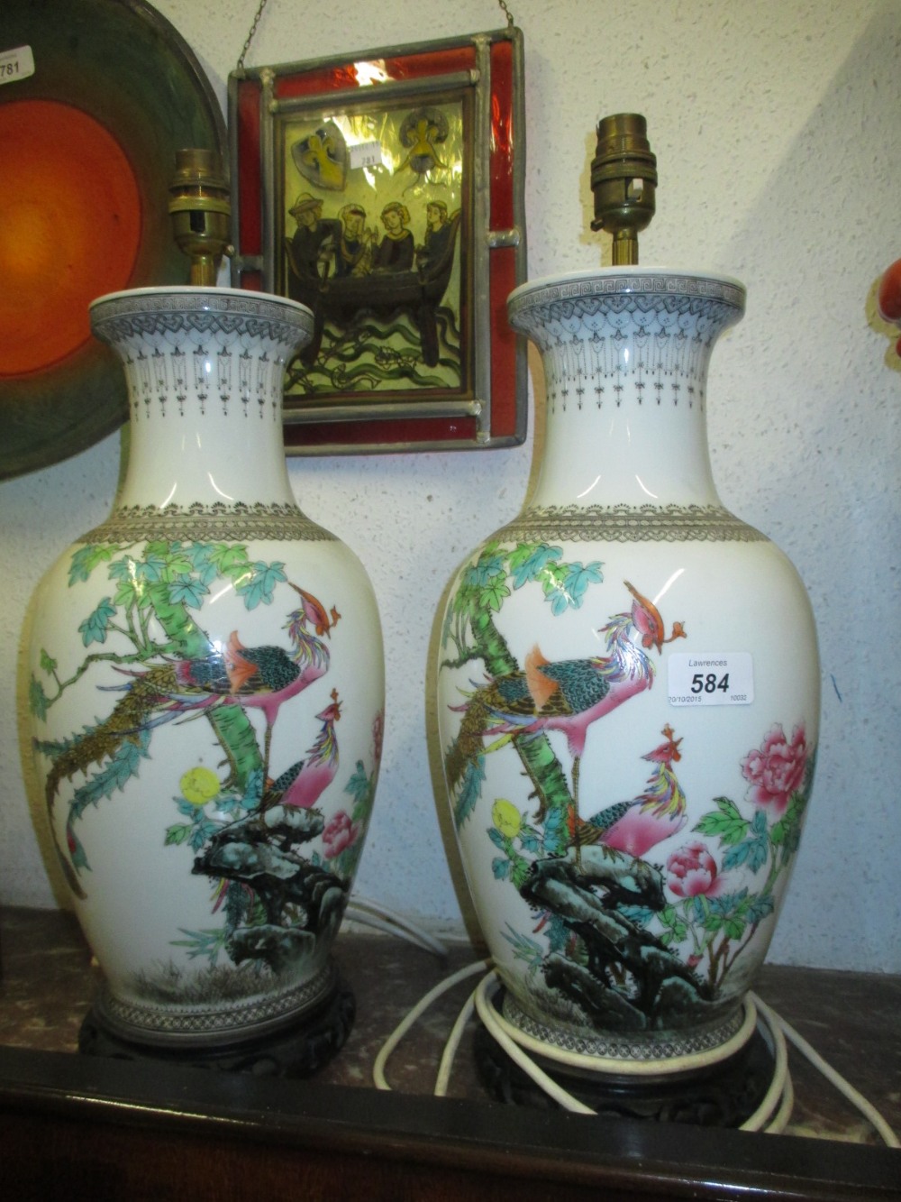 Pair of Chinese baluster form porcelain table lamps decorated with birds