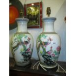 Pair of Chinese baluster form porcelain table lamps decorated with birds