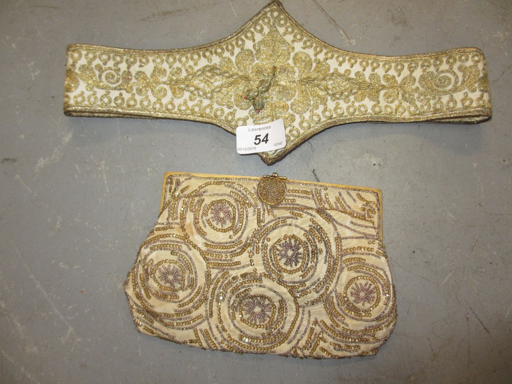 Small gold thread embroidered belt and an evening purse