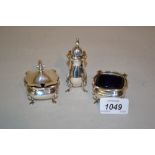 Birmingham silver three piece condiment set 1918