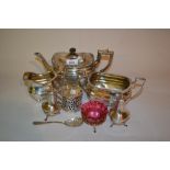 Silver plated three piece teaset, pair of plated peppers,