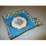 19th Century Sevres type square trinket dish painted with a panel depicting Cupid on a turquoise