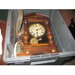 Beechwood single train mantel clock, a cold painted metal figure of a deer,