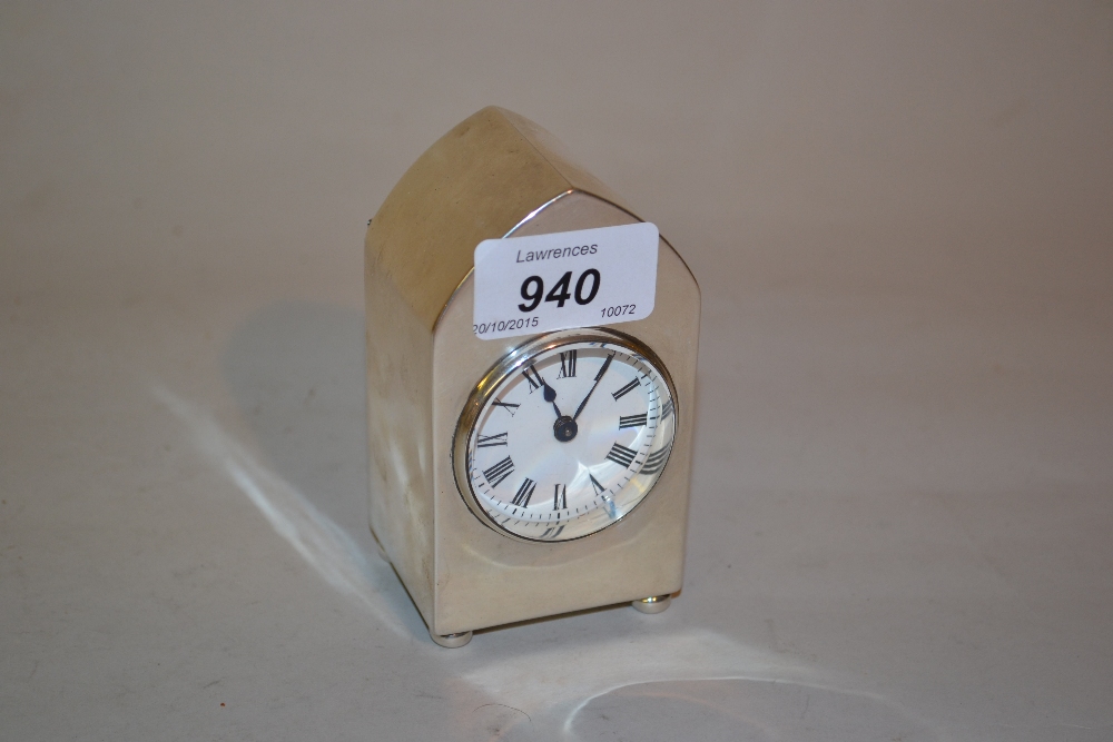 Late Victorian silver cased dressing table clock of lancet shape,