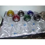 Set of six Chelsea crystal coloured hock glasses in original box