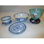 Four small items of 20th Century Chinese blue and white porcelain together with a Canton green