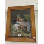 19th Century needlepoint picture of a hunter with game and dog in a landscape,