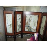 20th Century Chinese porcelain and hardwood mounted five panel table screen decorated with insects,