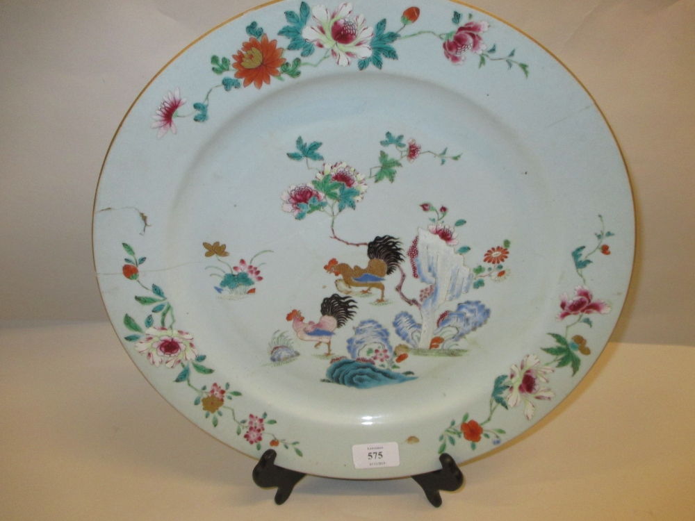 Chinese circular wall plate painted with cockerels  (a/f) together with a Chinese floral painted