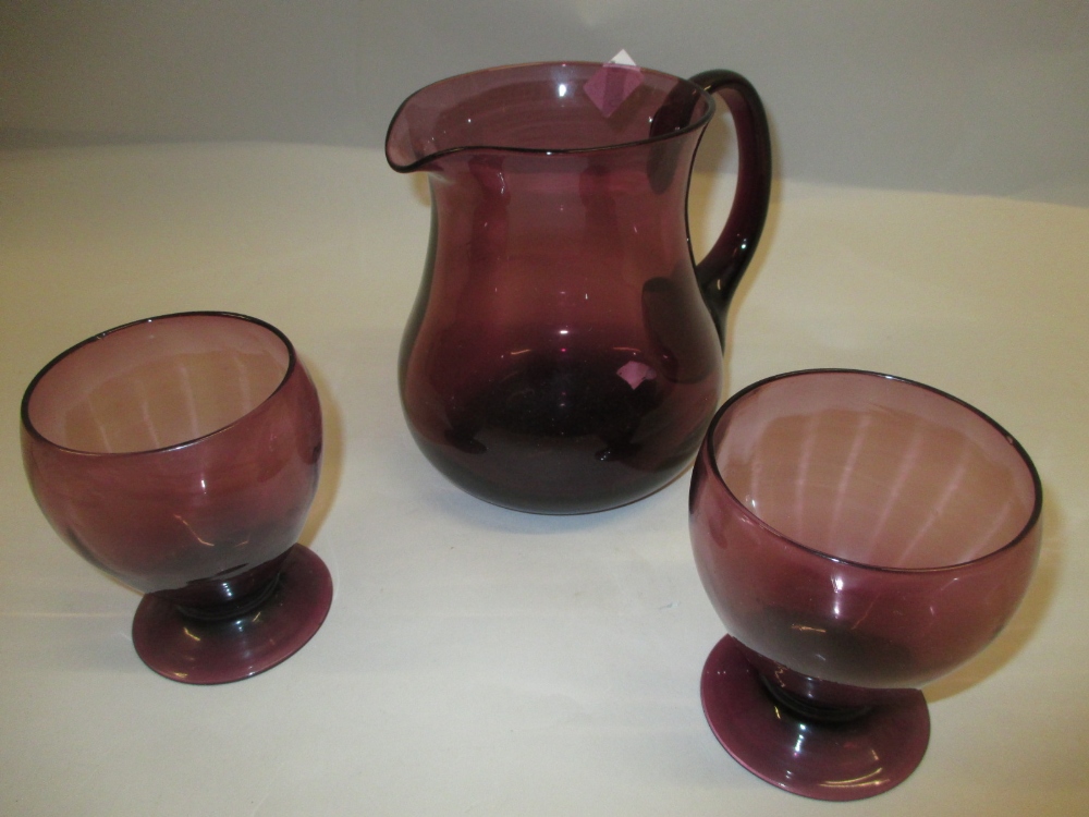 Late Whitefriars mauve glass six piece drinking set together with a boxed Hammersley condiment set,