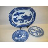 19th Century English blue and white transfer printed octagonal meat dish together with two similar