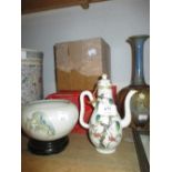 Miniature Chinese porcelain teapot decorated with exotic birds and flowers in a fitted box together