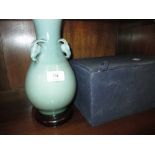 20th Century Chinese Celadon vase mounted with three goats heads having six character mark to base