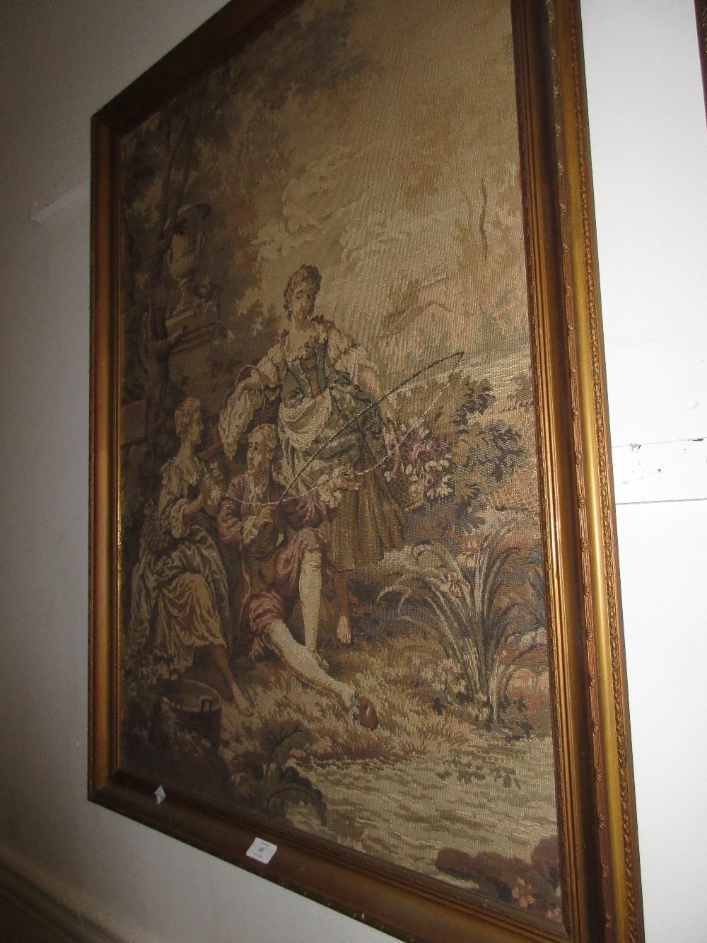 Two large 20th Century French machine woven tapestries depicting figures in landscapes,